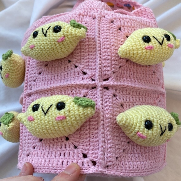 DudonStill Handmade Happy Lemons Pink Crochet Shoulder Bag - Picture 6 of 12